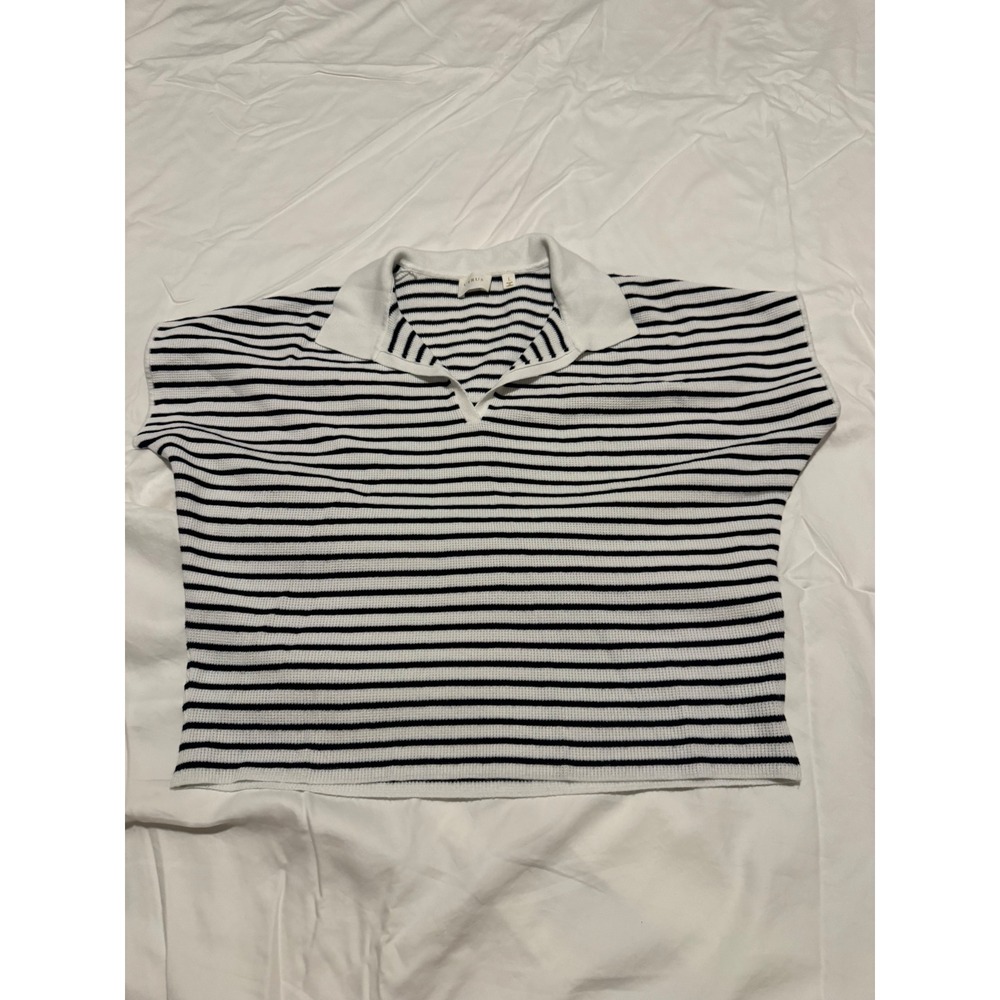 Cyrus Womens Striped Knit Polo Sweater Navy White Short Sleeve Boxy Large - Picture 4 of 4